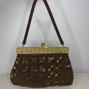 Elegant Brown and Gold Beaded Handbag
